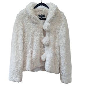Montanaco, White Faux Curly Fur Teddy Jacket With Pom Pom Buttons. Small